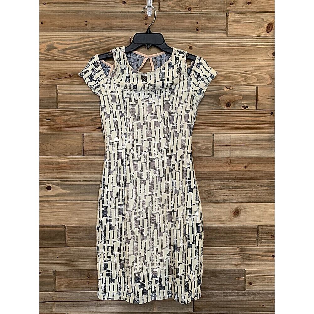 OLIVE & LOGAN Off White Blue Nude Lined Strech Lace Dress Womens Sz XS-MSRP $160